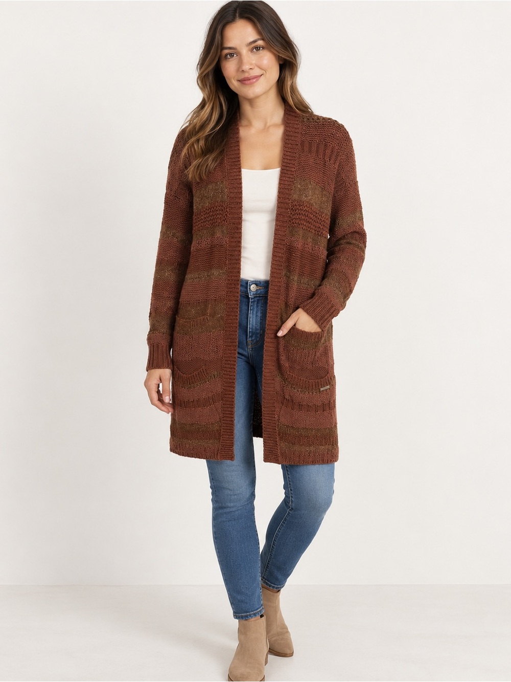 Abercrombie & Fitch Long Open Front Textured Knit Cardigan Brown Size M